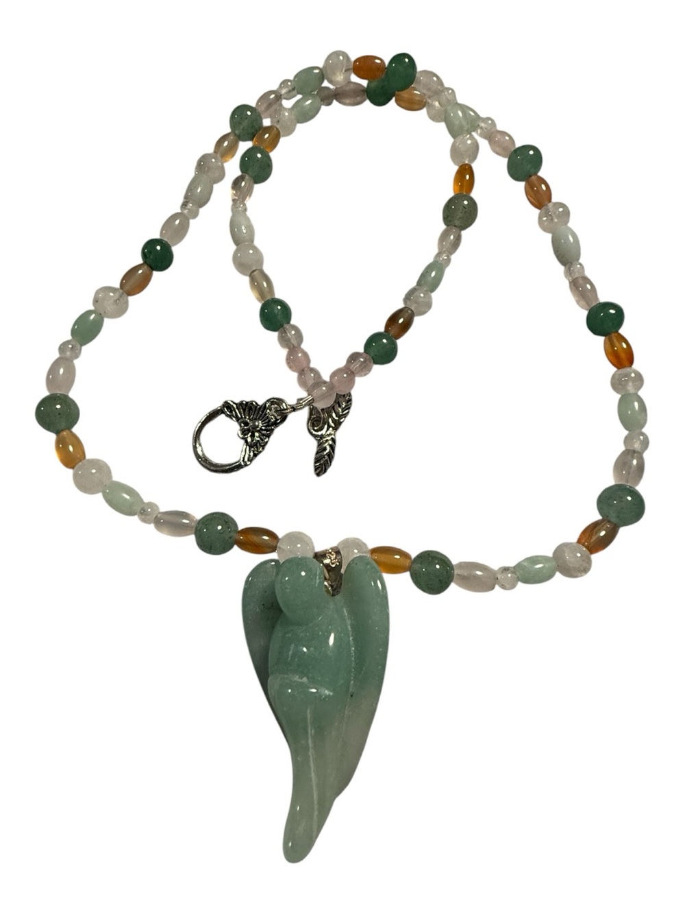 Boho Translucent Green Aventurine Carved Angel Protection Statement Necklace